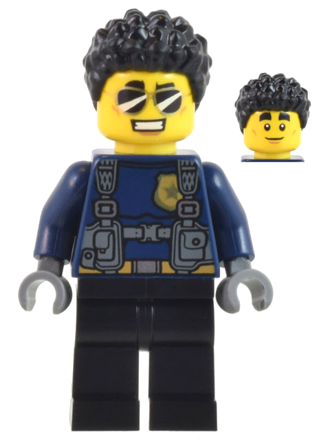 Duke DeTain cty1042 with black coiled hair, yellow sunglasses head, a Dark Blue police uniform, Dark Grey hands and black legs; an inset shows his alternate expression.